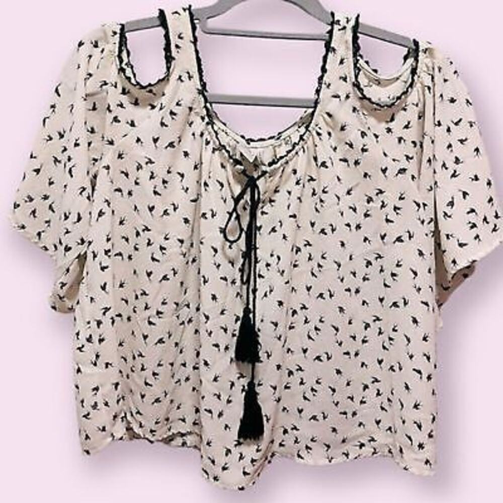 Paper Crane White & Black Bird Silhouette Cold Shoulder Top Size S